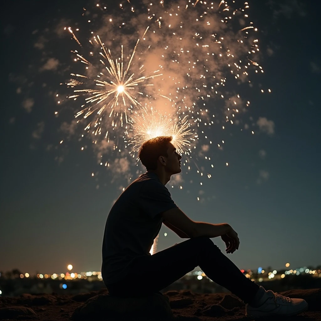 Fireworks light behind the silhouette of a man whose profile is lit my a starry sky.