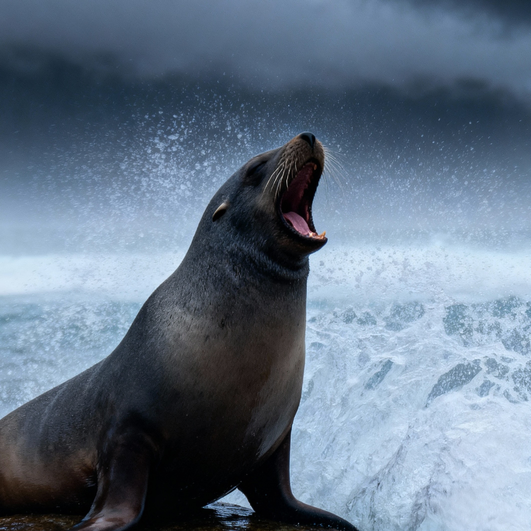 A seal sits on a boulder in a storm, showing the importance of yawning, a vital exercise we teach at Simo Breath, and the breathwork experts in Victoria BC