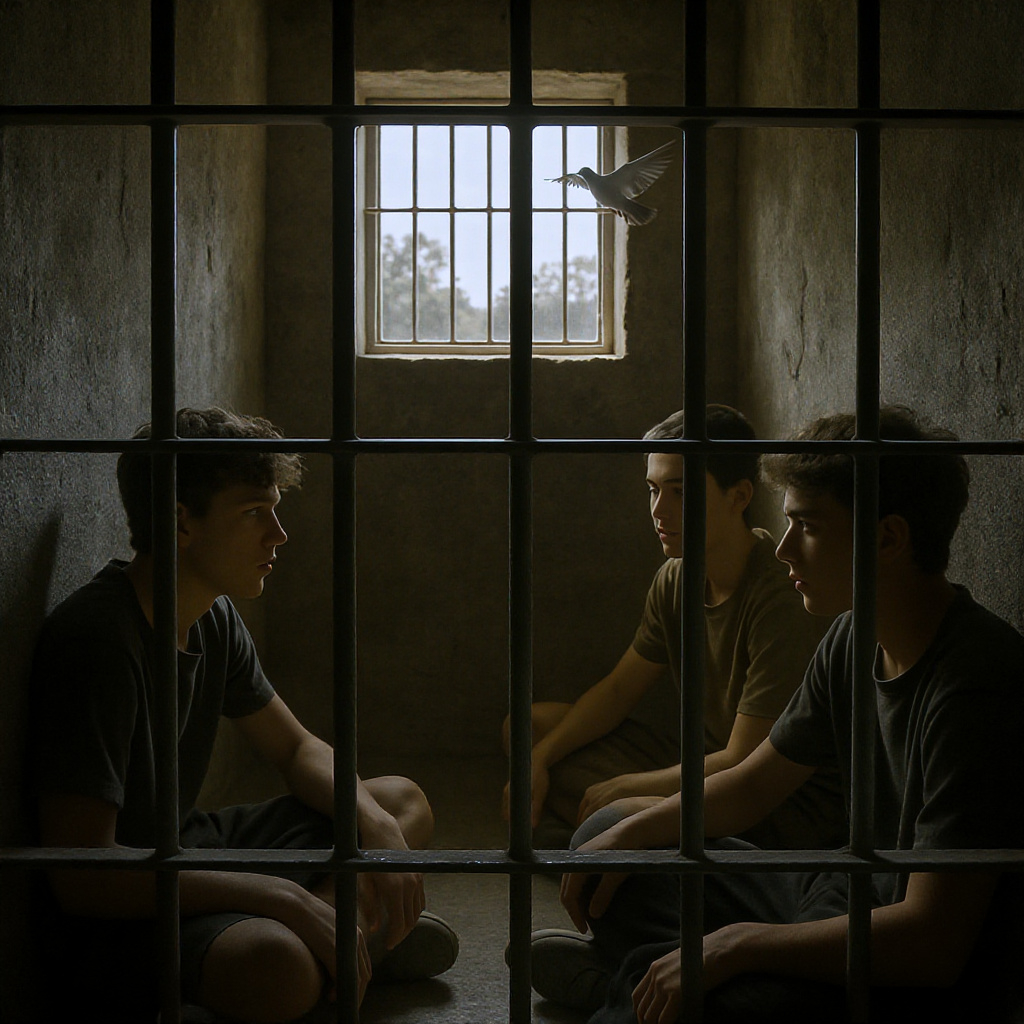Teenagers sit in a prison of their depression, surrounded by gray walls. A single window allows daylight to come in, and a single dove flies through its bars.