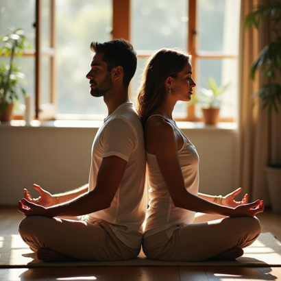 A man and a woman sit on a floor cross legged in a Victoria BC breathwork studio