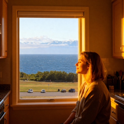 A woman, sits refreshed in the morning as a view the Olympic Mountains along Dallas Road in Victoria BC can be seen through her kitchen window. Morning light illumines the space with warm, yellow light. We can see her profile as she expresses peace on her face after performing breathwork at Simo Breath in Victoria, BC