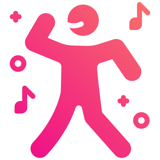 A pink icon of a person dancing with musical notes floating around them