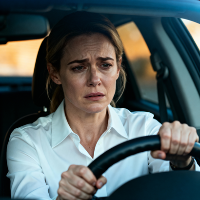 A lady is caught in traffic along Douglas Street in Victoria BC, with a look of exhaustion on her face as she grips the steering wheel.