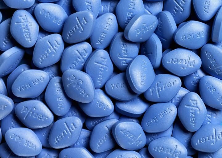 A pile of blue Viagra pills