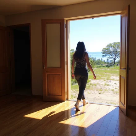 A lady walks out of a dark room and into the light of day as a symbol of leaving her past behind.