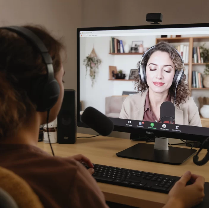 A girl sits at a desk, facing a private breathwork session on Zoom as she safely breathes to music