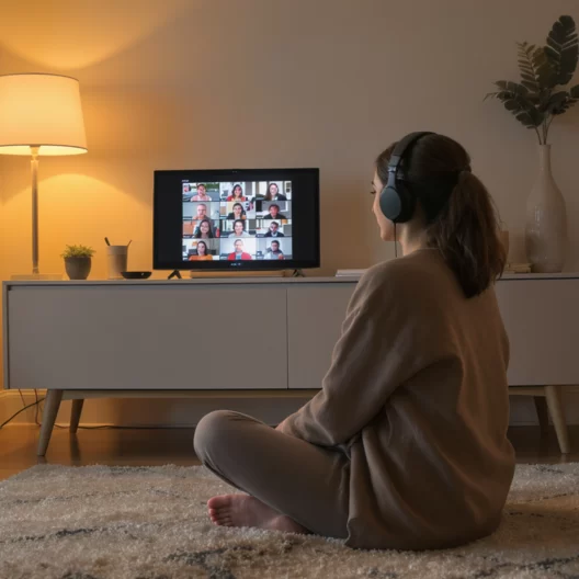Lady sitting in her living room in a Zoom call, doing a SOMA breath session