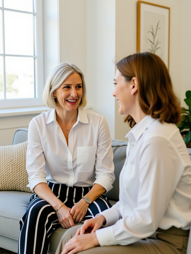 A life coach sits across from a female client with long brown hair in a safe office space with soft, warm light from a window.