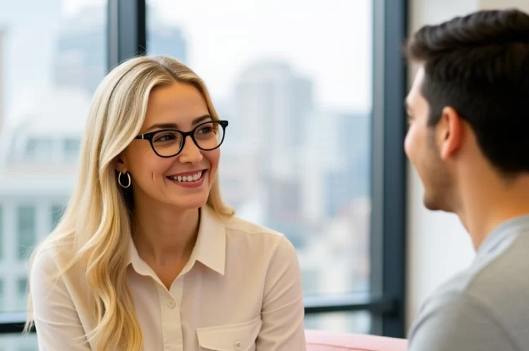 A transformational coach sits in front of a male client wearing a white blouse