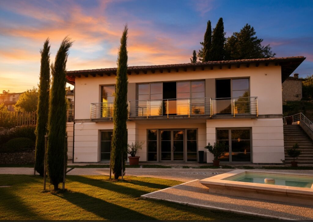 Breathwork building at this Italian retreat for with Simo Breath, Sunset view of a modern white Tuscan villa with terracotta tiled roof, large glass balcony overlooking hills, flanked by tall cypress trees, a stone fountain in the foreground, green lawn, and outdoor patio seating under a vibrant orange and blue sky.