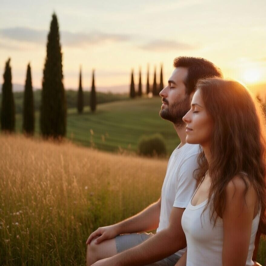 Serene couple meditating in profile on chairs during a retreat in Tuscany, Italy, surrounded by rustic grass and rolling hills at sunset.